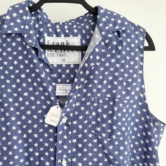 Frank & Eileen Fiona Top Women Medium Blue Linen Sleeveless Button Up Star Print - Picture 5 of 11